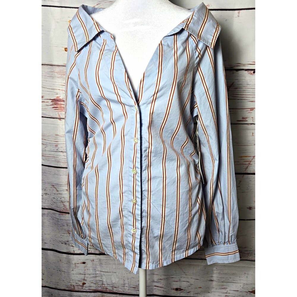 Frame Womens Top Small Striped Blue Brown Off The Shoulder Long Sleeve Button